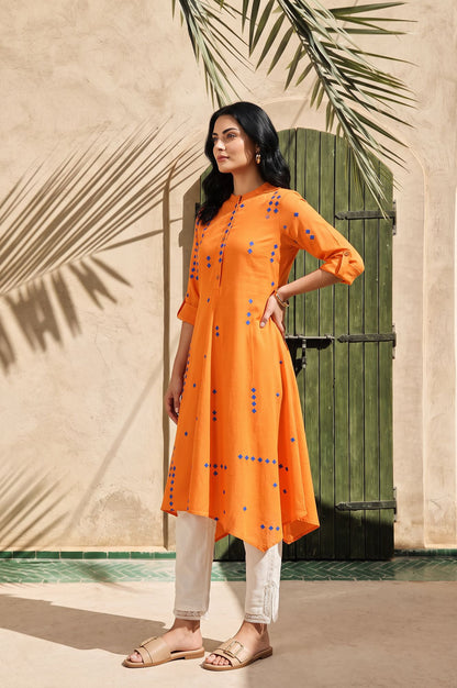 Orange Geometric Printed Lace Rayon Flax A-line Kurta with Slim Pant Set