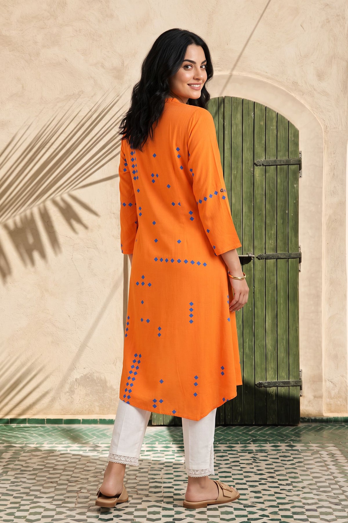 Orange Geometric Printed Lace Rayon Flax A-line Kurta with Slim Pant Set
