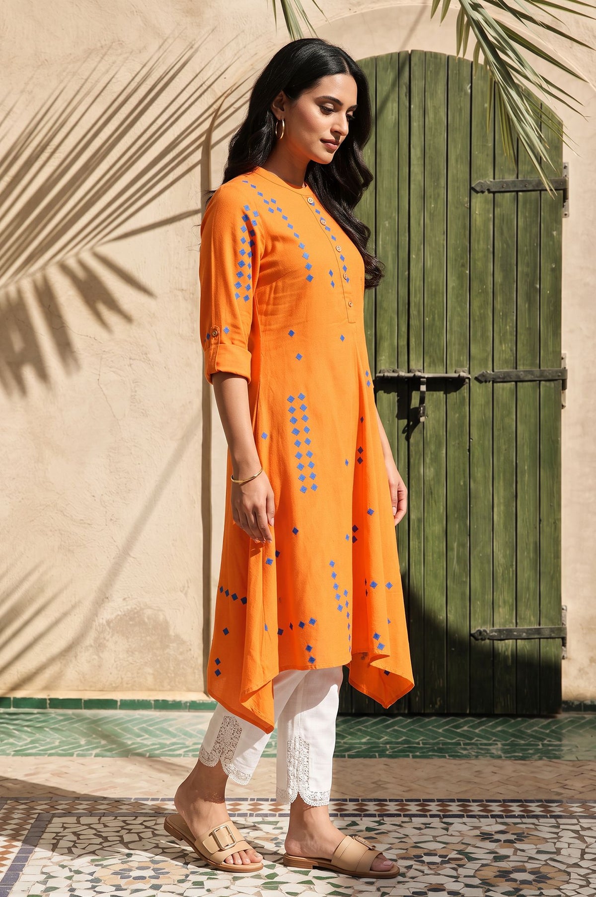 Orange Geometric Printed Lace Rayon Flax A-line Kurta with Slim Pant Set