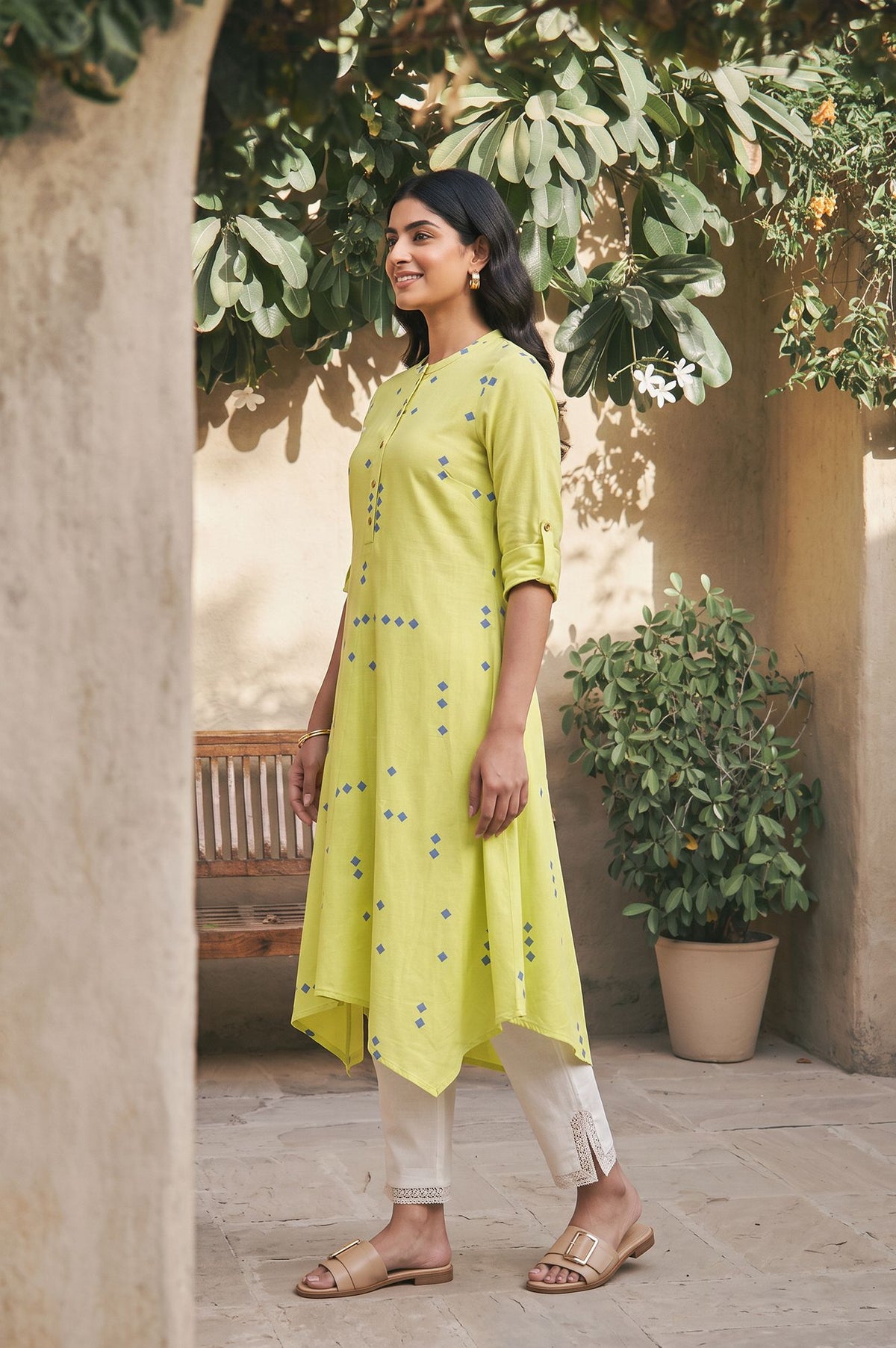 Lime Green Geometric Printed Lace Rayon A-line Kurta with Slim Pant
