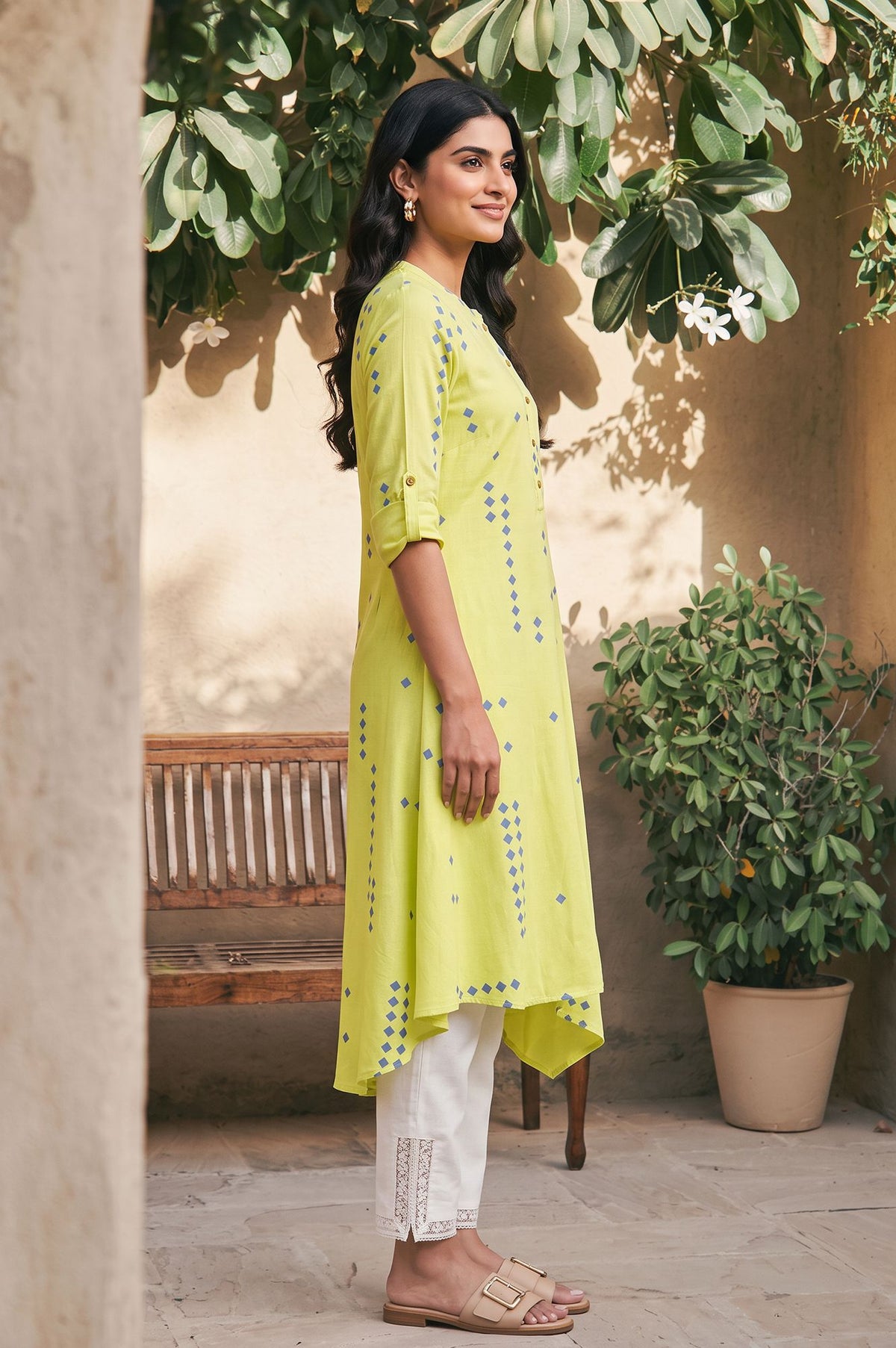 Lime Green Geometric Printed Lace Rayon A-line Kurta with Slim Pant