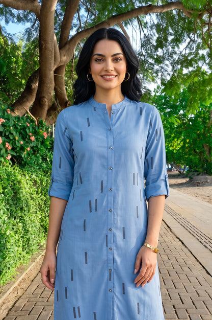 Blue Zari Geometric Printed Rayon Straight Kurta with Slim Pant Set