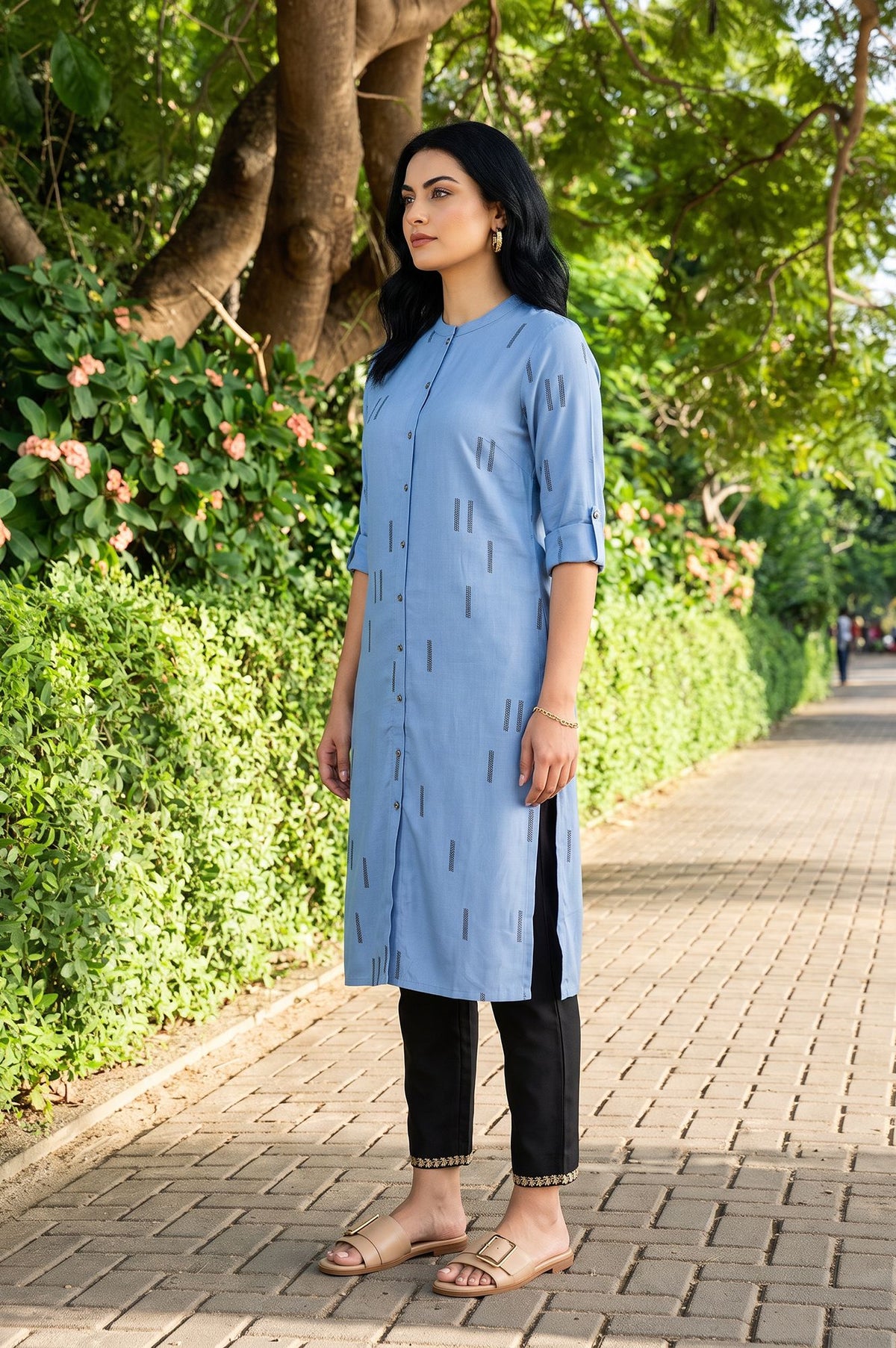 Blue Zari Geometric Printed Rayon Straight Kurta with Slim Pant Set