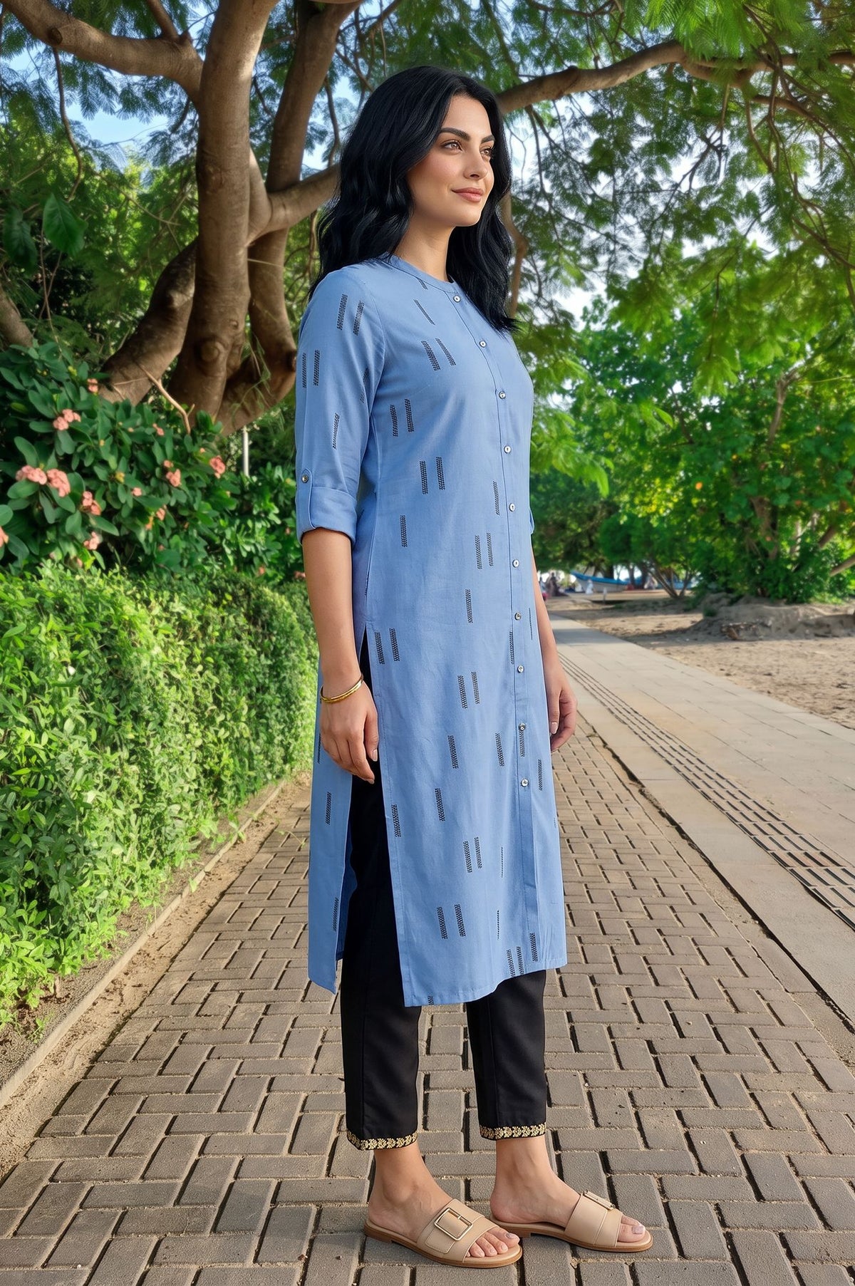Blue Zari Geometric Printed Rayon Straight Kurta with Slim Pant Set
