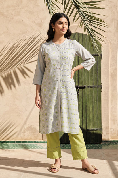 Grey Geometric Printed Lace Rayon Straight Kurta with Straight Pant Set