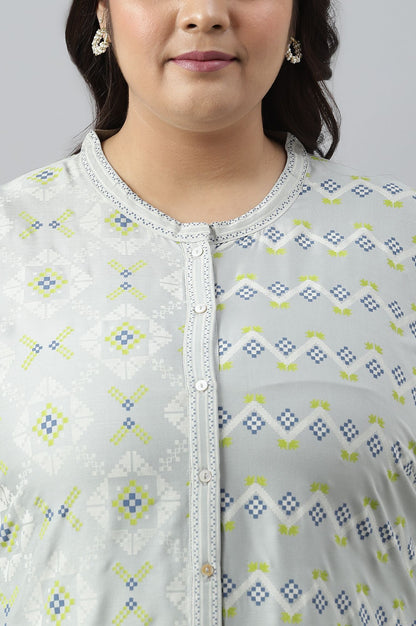 Grey Geometric Printed Lace Rayon Straight Kurta with Straight Pant Set