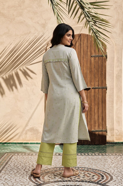 Grey Geometric Printed Lace Rayon Straight Kurta with Straight Pant Set