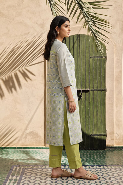 Grey Geometric Printed Lace Rayon Straight Kurta with Straight Pant Set