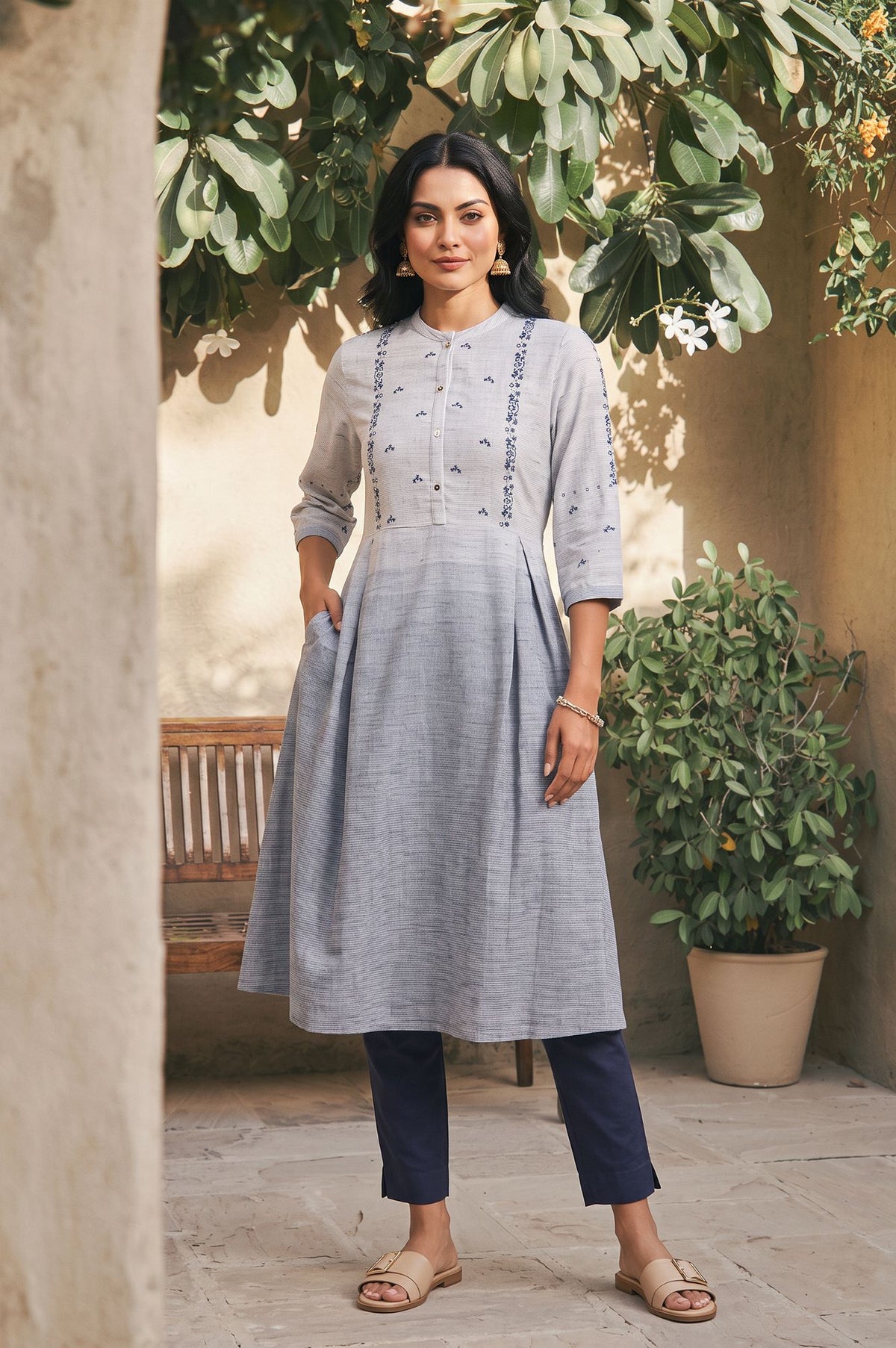 Grey Yarn Dyed Thread Embroidered Pure Cotton Kurta with Trousers Set
