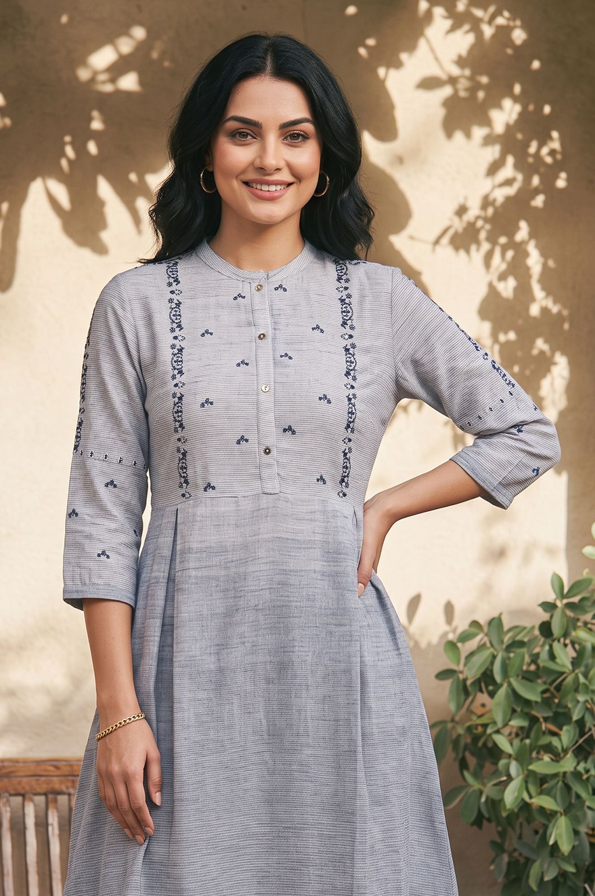 Grey Yarn Dyed Thread Embroidered Pure Cotton Kurta with Trousers Set