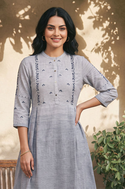 Grey Yarn Dyed Thread Embroidered Pure Cotton Kurta with Trousers Set