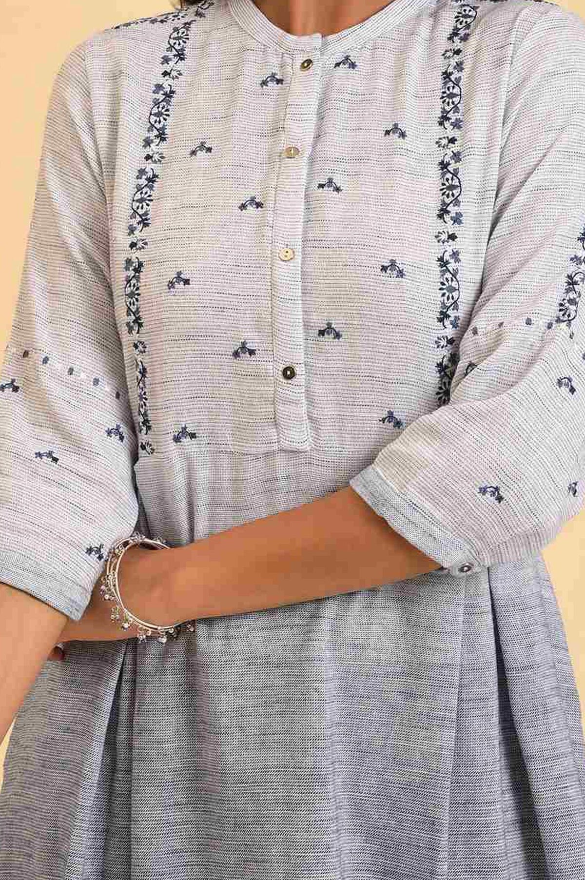 Grey Yarn Dyed Thread Embroidered Pure Cotton Kurta with Trousers Set