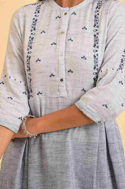 Grey Yarn Dyed Thread Embroidered Pure Cotton Kurta with Trousers Set