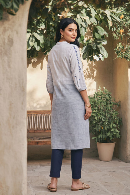 Grey Yarn Dyed Thread Embroidered Pure Cotton Kurta with Trousers Set