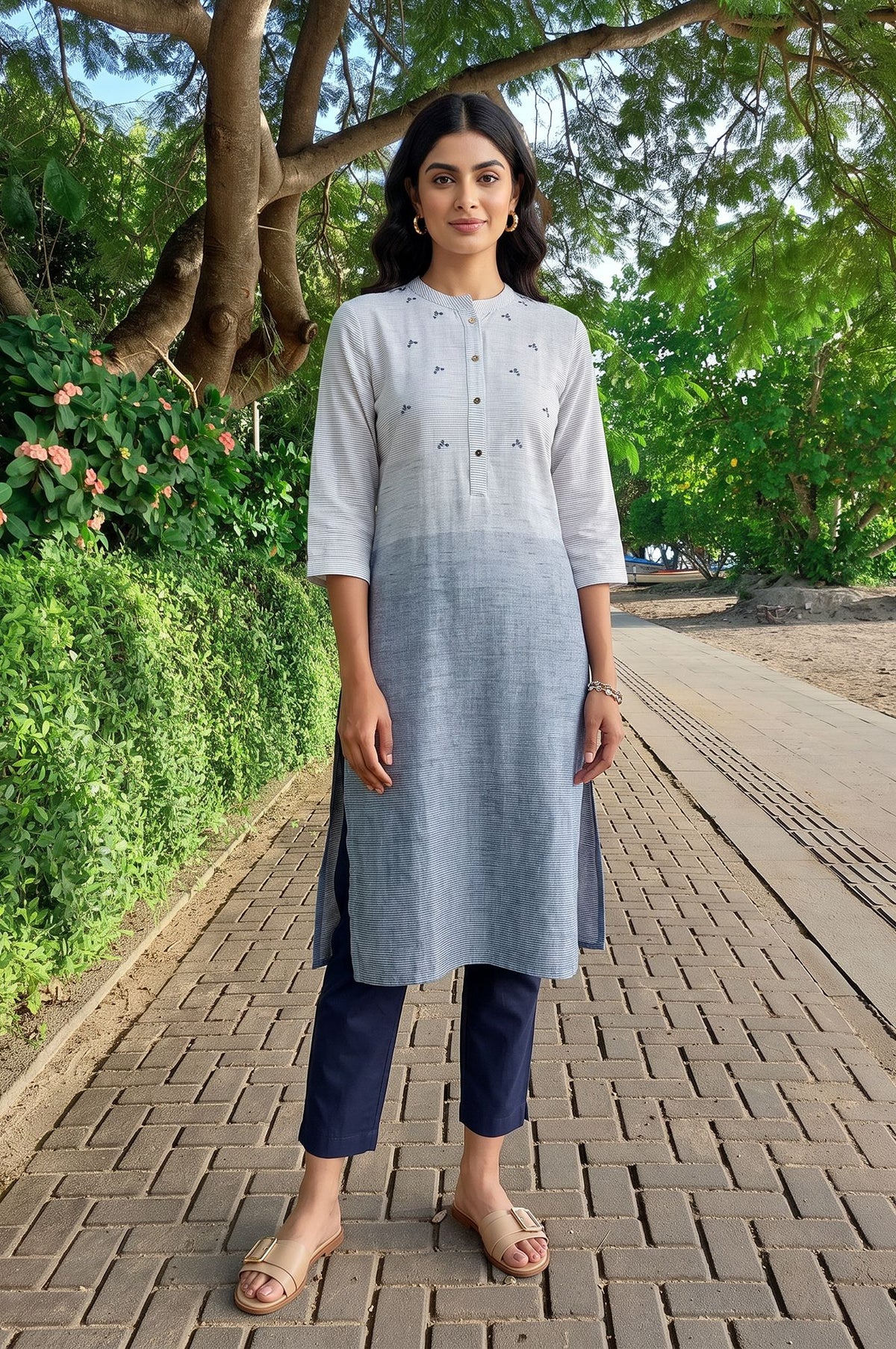 Grey Striped Thread Embroidered Yarn Dyed Pure Cotton Straight Kurta with Trousers Set