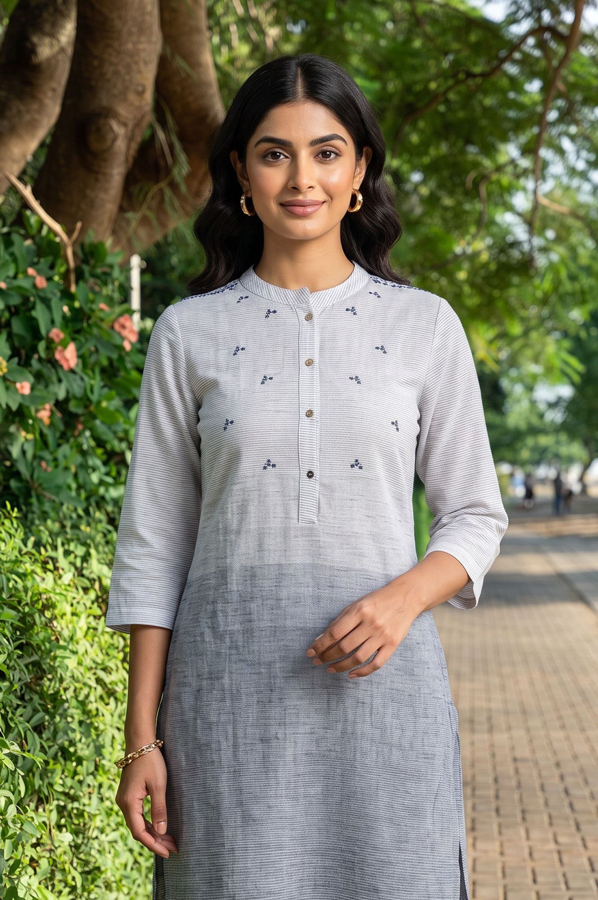 Grey Striped Thread Embroidered Yarn Dyed Pure Cotton Straight Kurta with Trousers Set