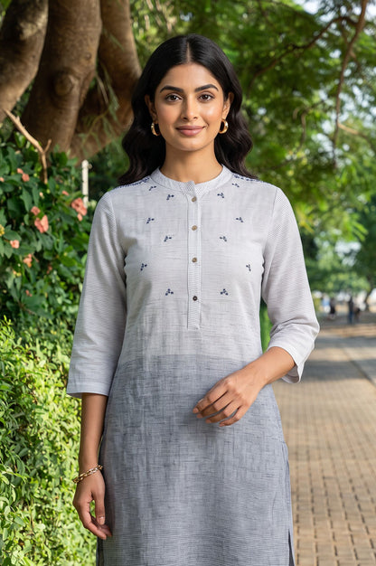 Grey Striped Thread Embroidered Yarn Dyed Pure Cotton Straight Kurta with Trousers Set