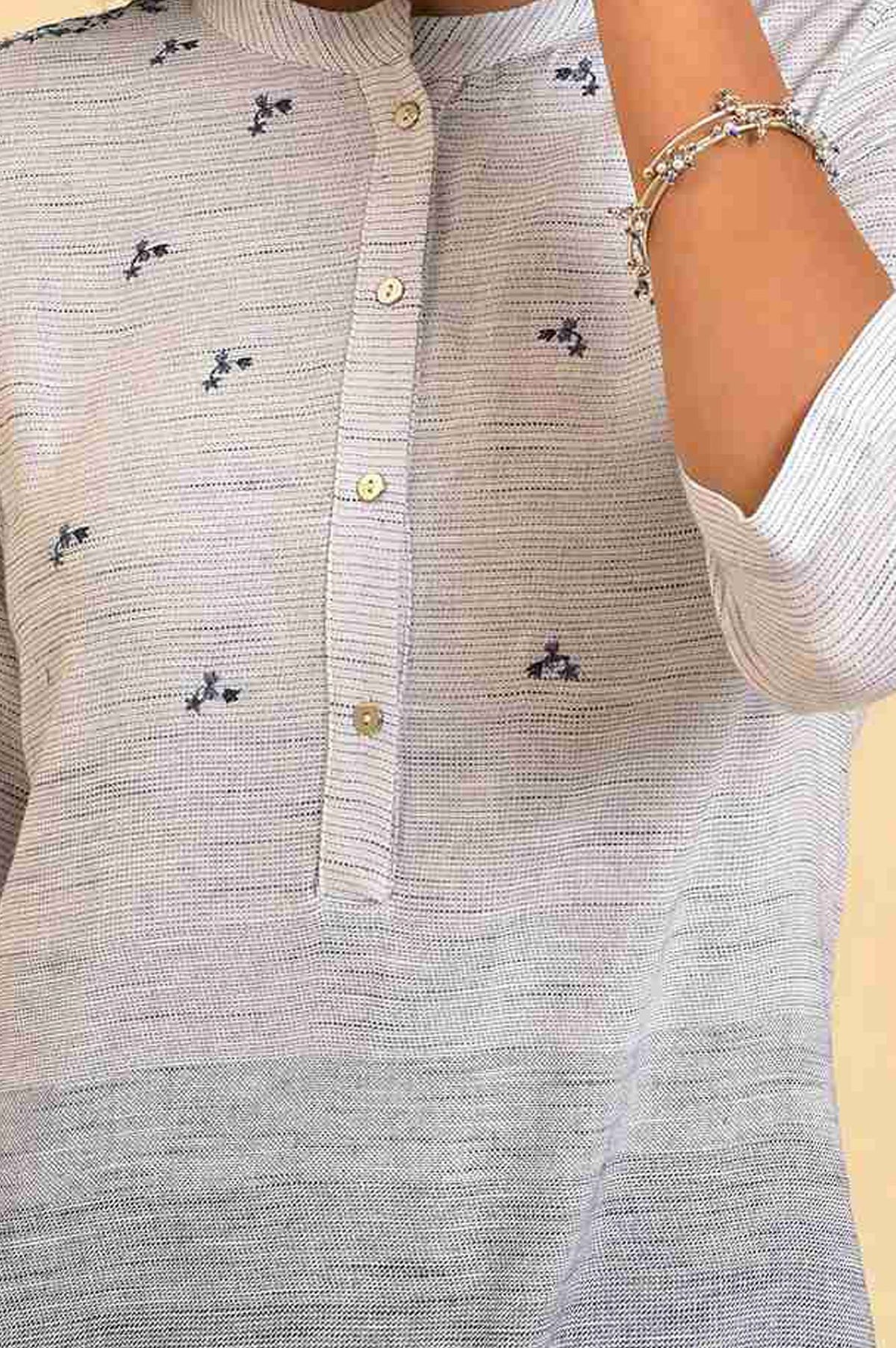 Grey Striped Thread Embroidered Yarn Dyed Pure Cotton Straight Kurta with Trousers Set