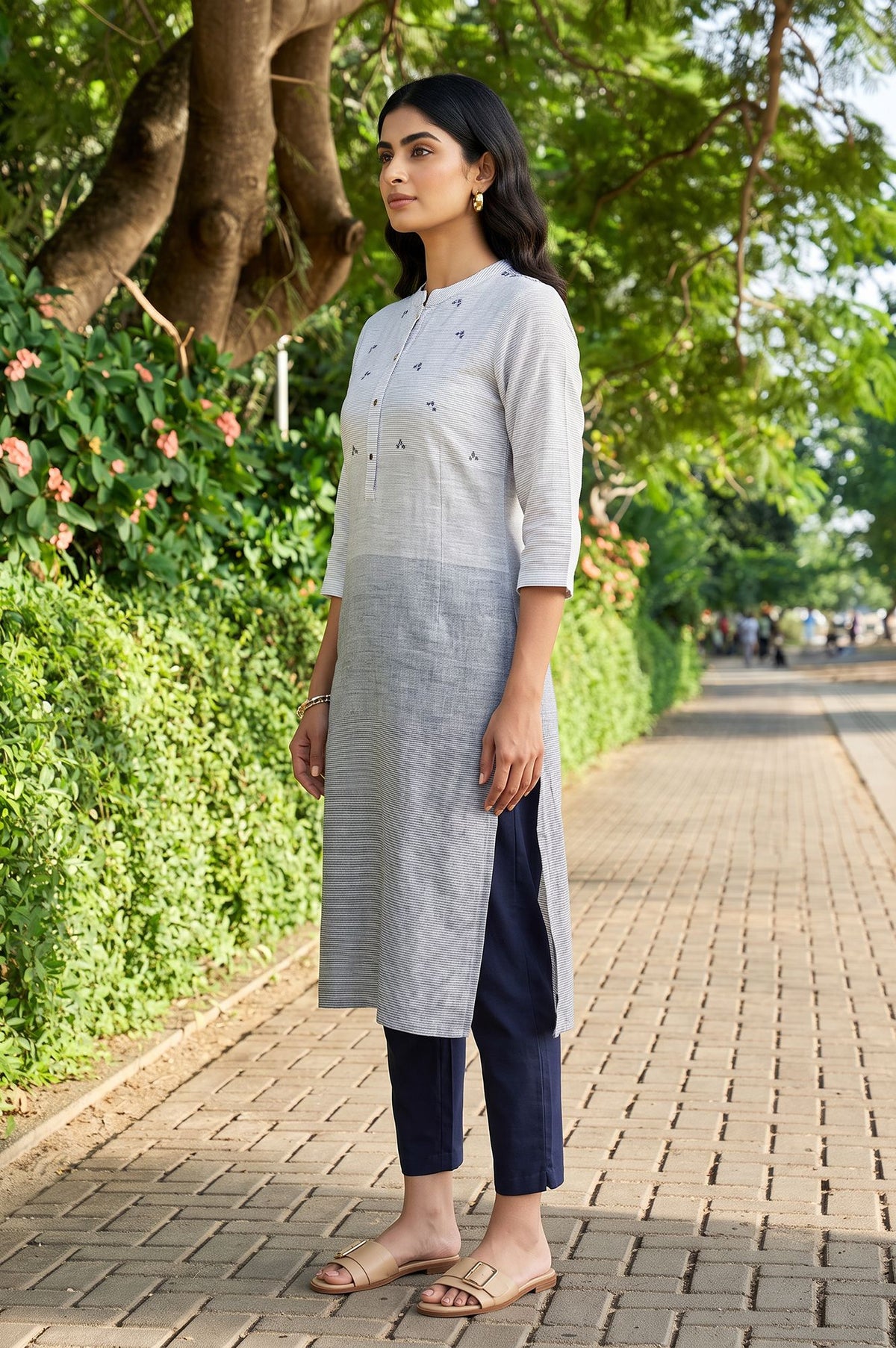 Grey Striped Thread Embroidered Yarn Dyed Pure Cotton Straight Kurta with Trousers Set