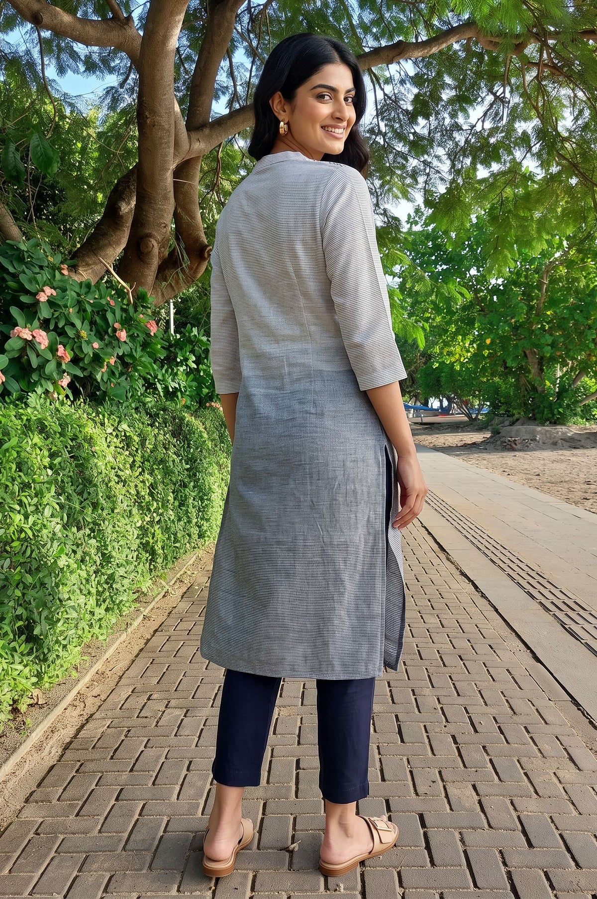 Grey Striped Thread Embroidered Yarn Dyed Pure Cotton Straight Kurta with Trousers Set