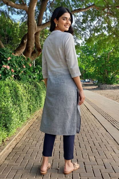 Grey Striped Thread Embroidered Yarn Dyed Pure Cotton Straight Kurta with Trousers Set