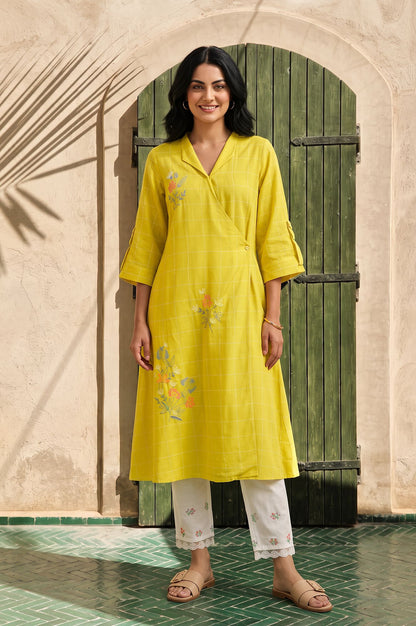 Yellow Checkered Thread Embroidered Yarn Dyed Dobby A-line Kurta with Slim Pant Set