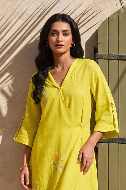 Yellow Checkered Thread Embroidered Yarn Dyed Dobby A-line Kurta with Slim Pant Set