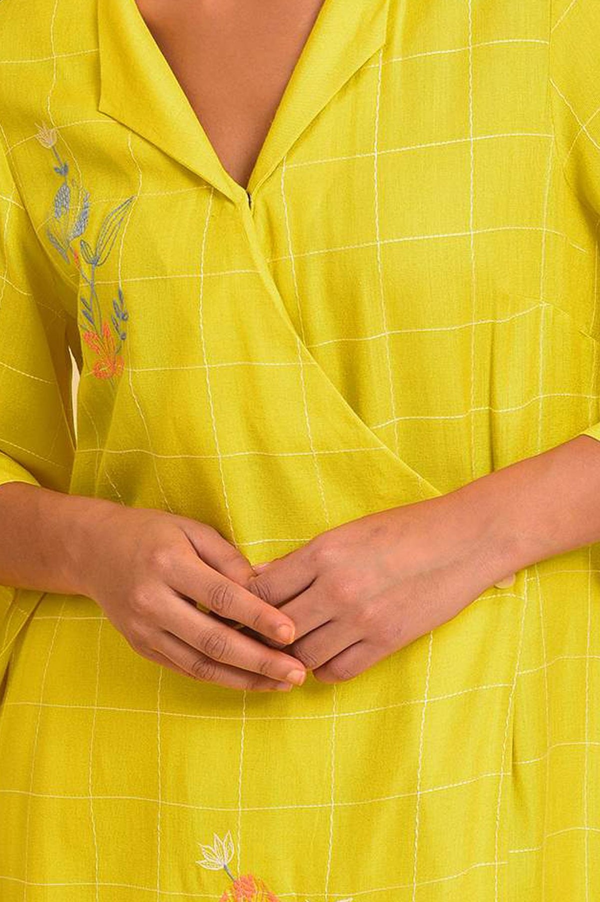 Yellow Checkered Thread Embroidered Yarn Dyed Dobby A-line Kurta with Slim Pant Set