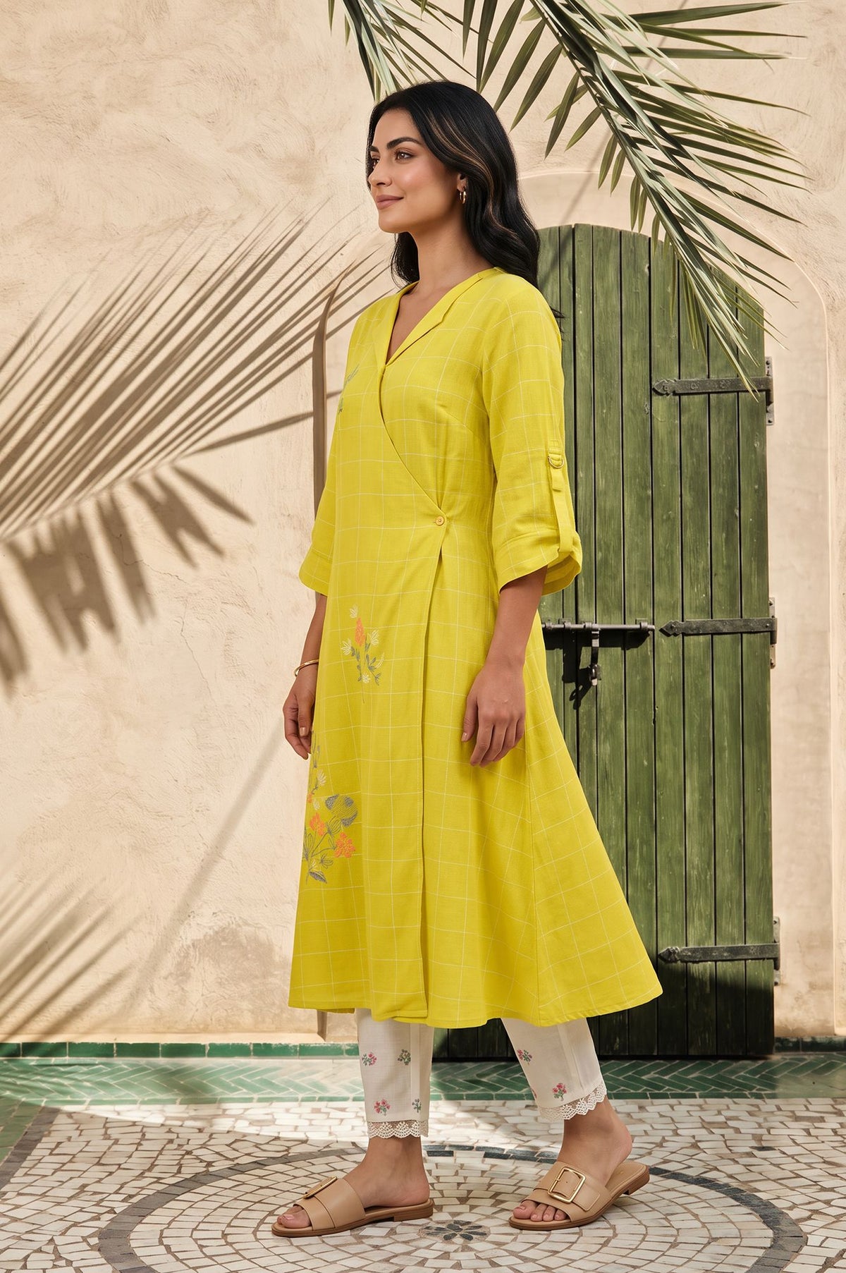 Yellow Checkered Thread Embroidered Yarn Dyed Dobby A-line Kurta with Slim Pant Set