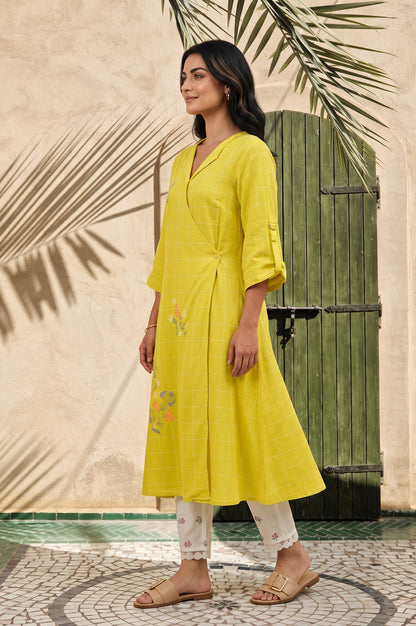 Yellow Checkered Thread Embroidered Yarn Dyed Dobby A-line Kurta with Slim Pant Set