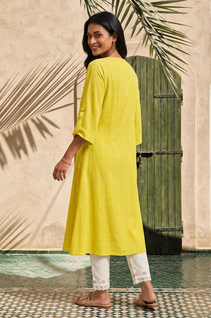 Yellow Checkered Thread Embroidered Yarn Dyed Dobby A-line Kurta with Slim Pant Set
