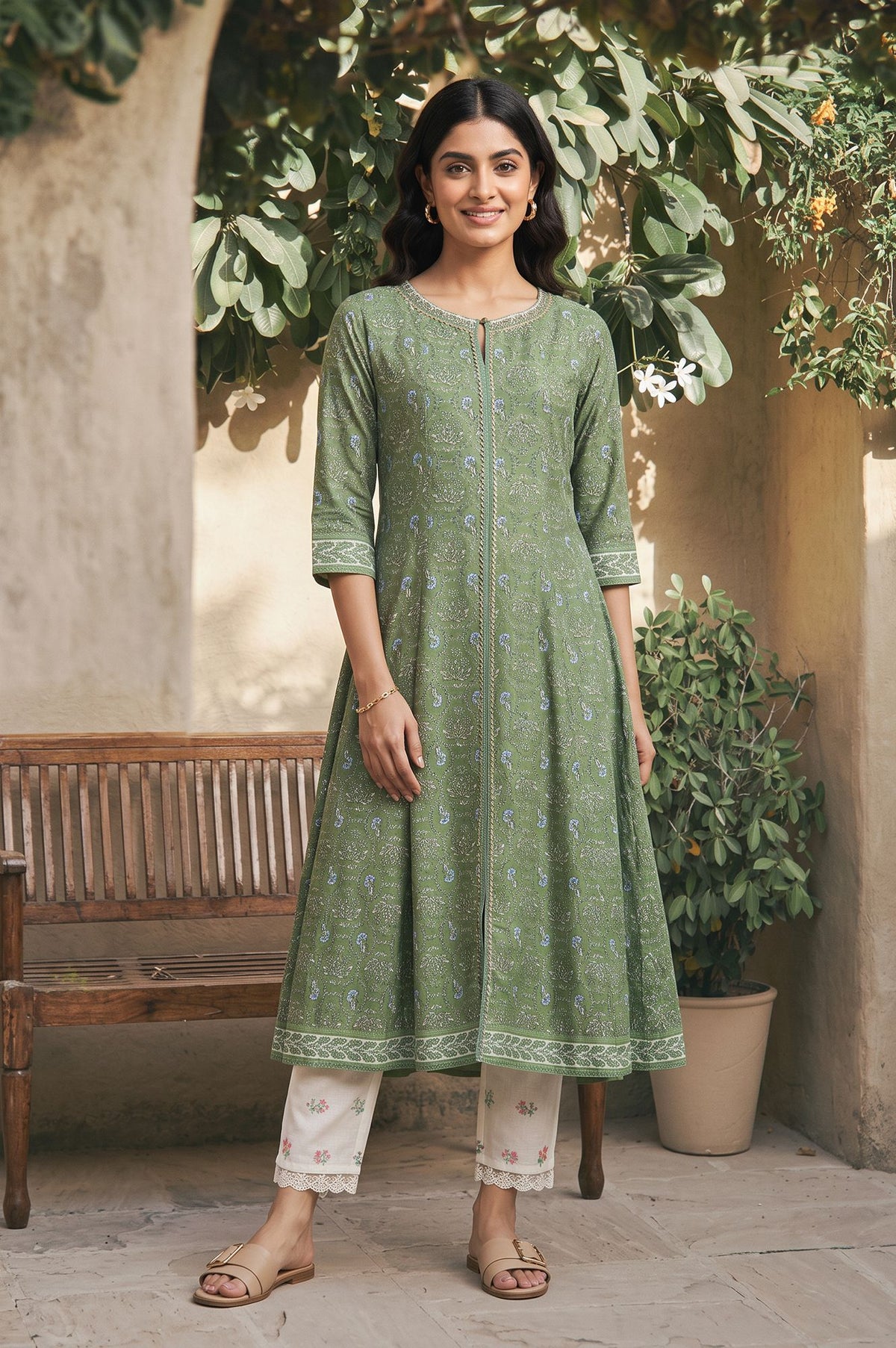 Green Zari Floral Printed Rayon A-line Kurta with Slim Pant