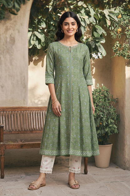 Green Zari Floral Printed Rayon A-line Kurta with Slim Pant