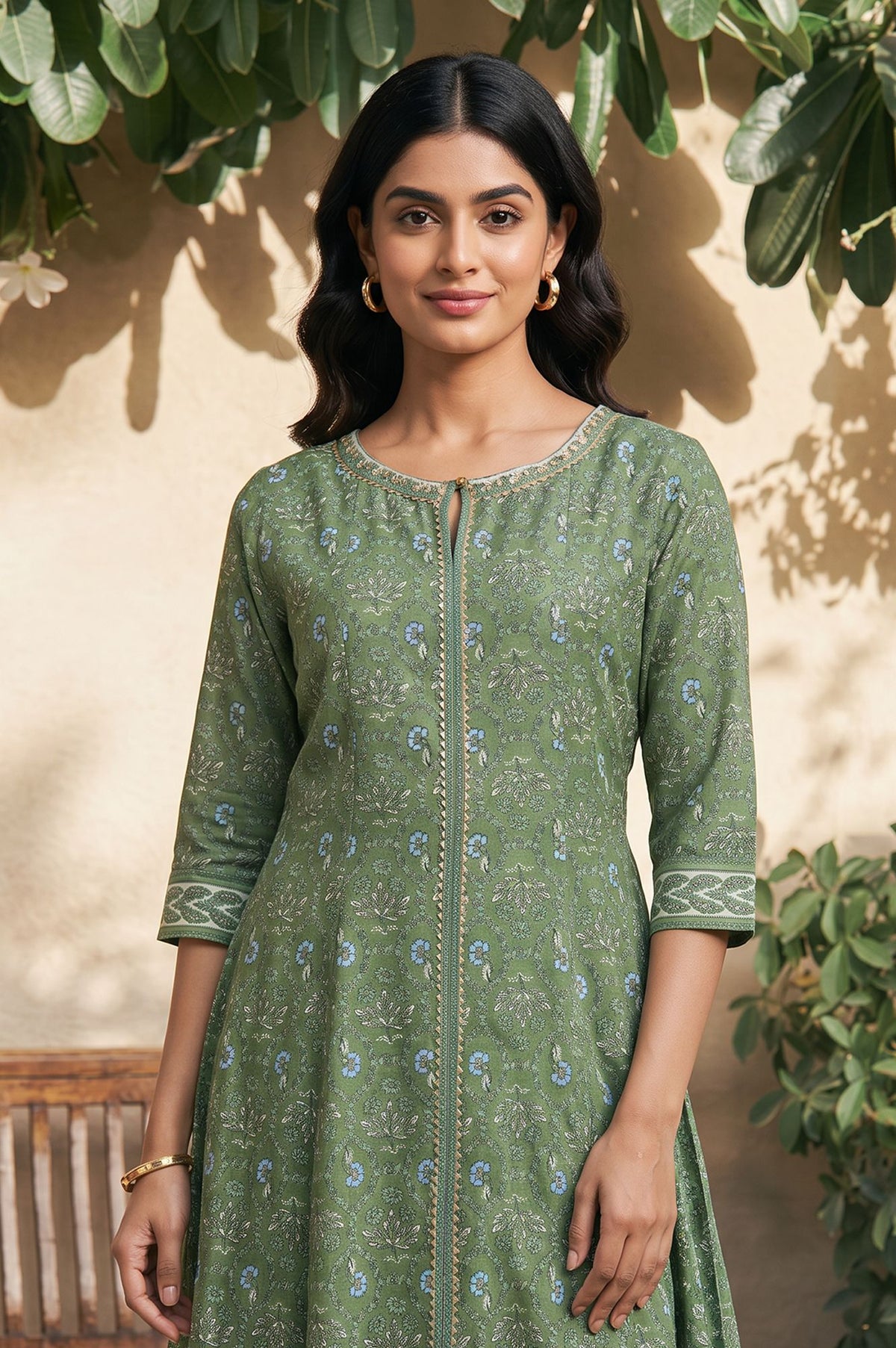 Green Zari Floral Printed Rayon A-line Kurta with Slim Pant