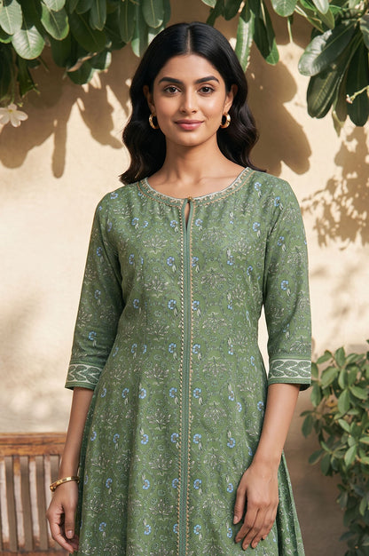 Green Zari Floral Printed Rayon A-line Kurta with Slim Pant