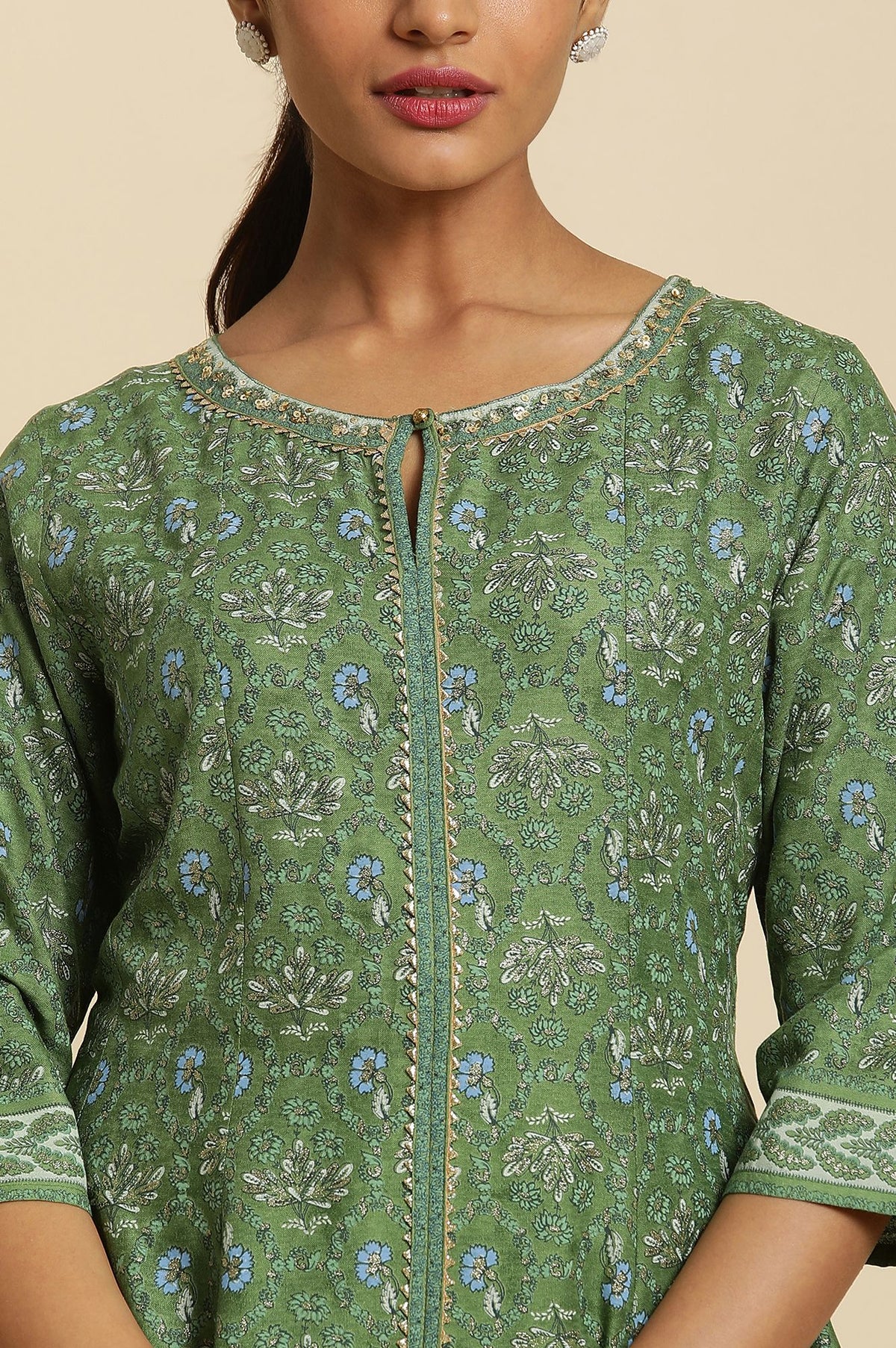 Green Zari Floral Printed Rayon A-line Kurta with Slim Pant