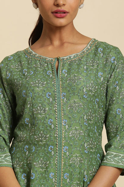 Green Zari Floral Printed Rayon A-line Kurta with Slim Pant