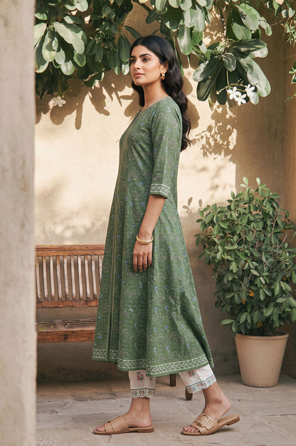 Green Zari Floral Printed Rayon A-line Kurta with Slim Pant
