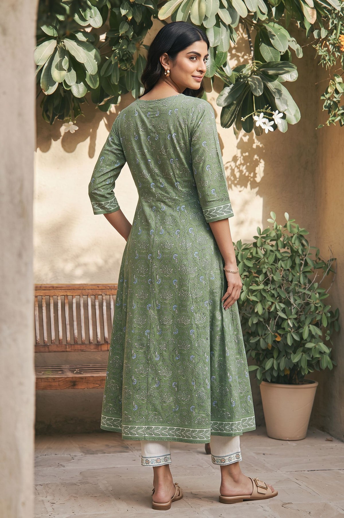 Green Zari Floral Printed Rayon A-line Kurta with Slim Pant