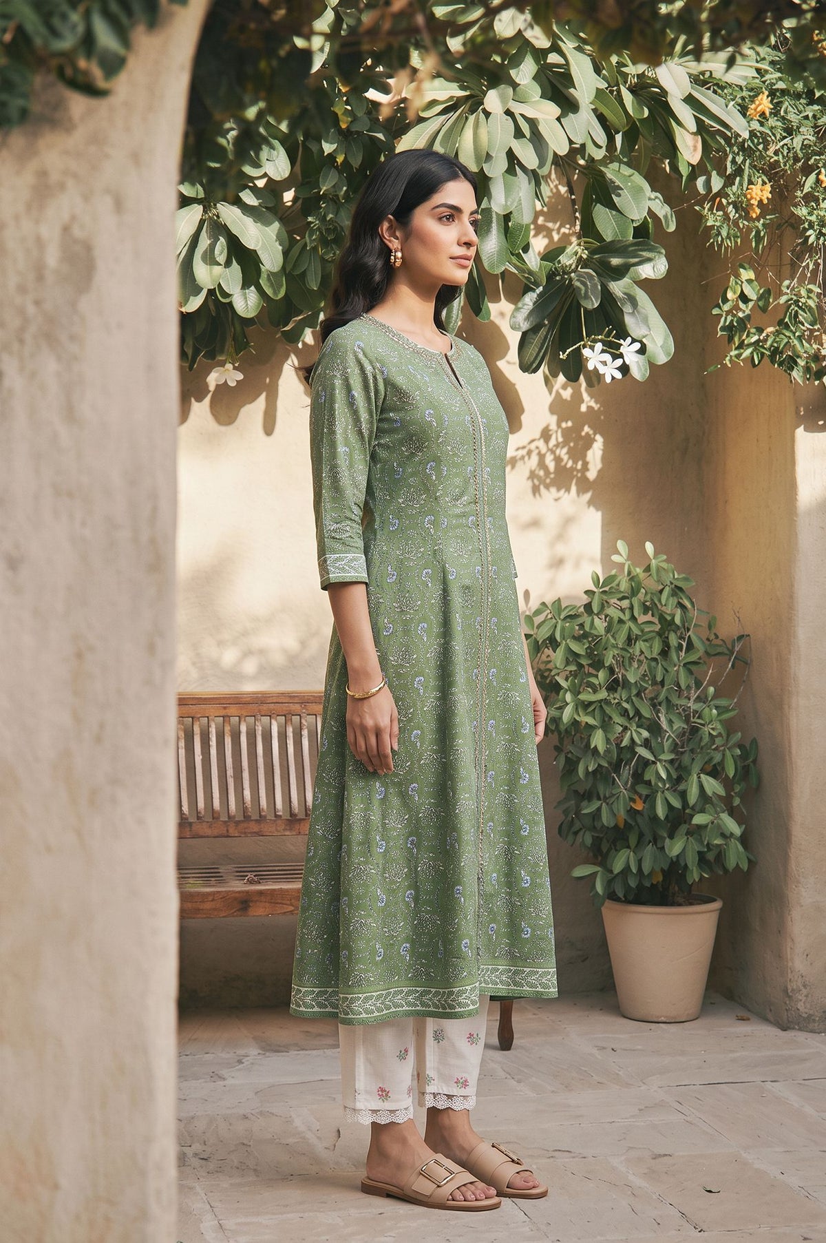 Green Zari Floral Printed Rayon A-line Kurta with Slim Pant