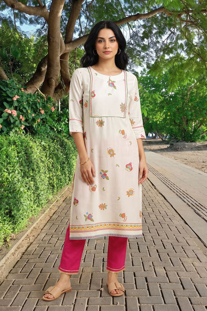 Off White Floral Printed Thread Embroidered Rayon Straight Kurta with Slim Pant Set