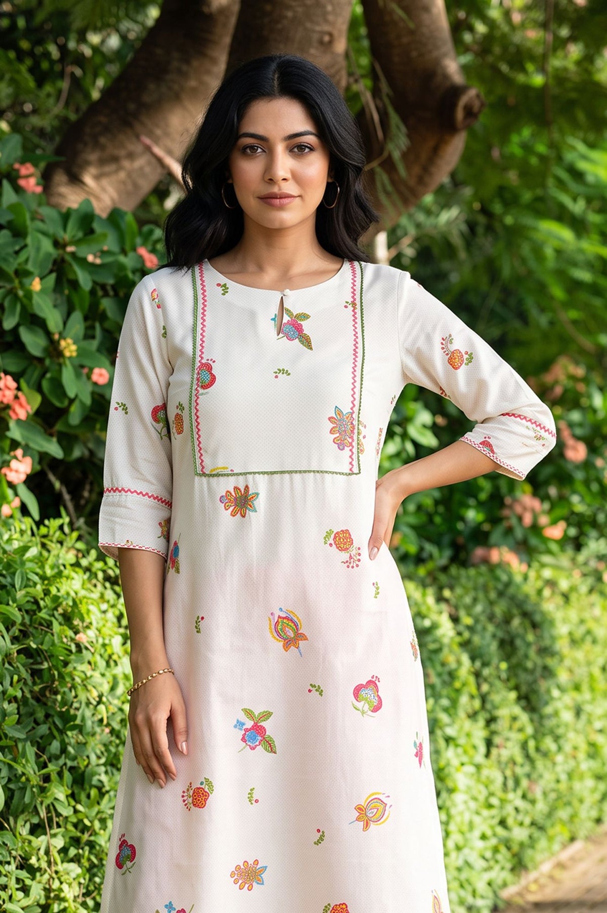 Off White Floral Printed Thread Embroidered Rayon Straight Kurta with Slim Pant Set