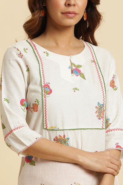 Off White Floral Printed Thread Embroidered Rayon Straight Kurta with Slim Pant Set