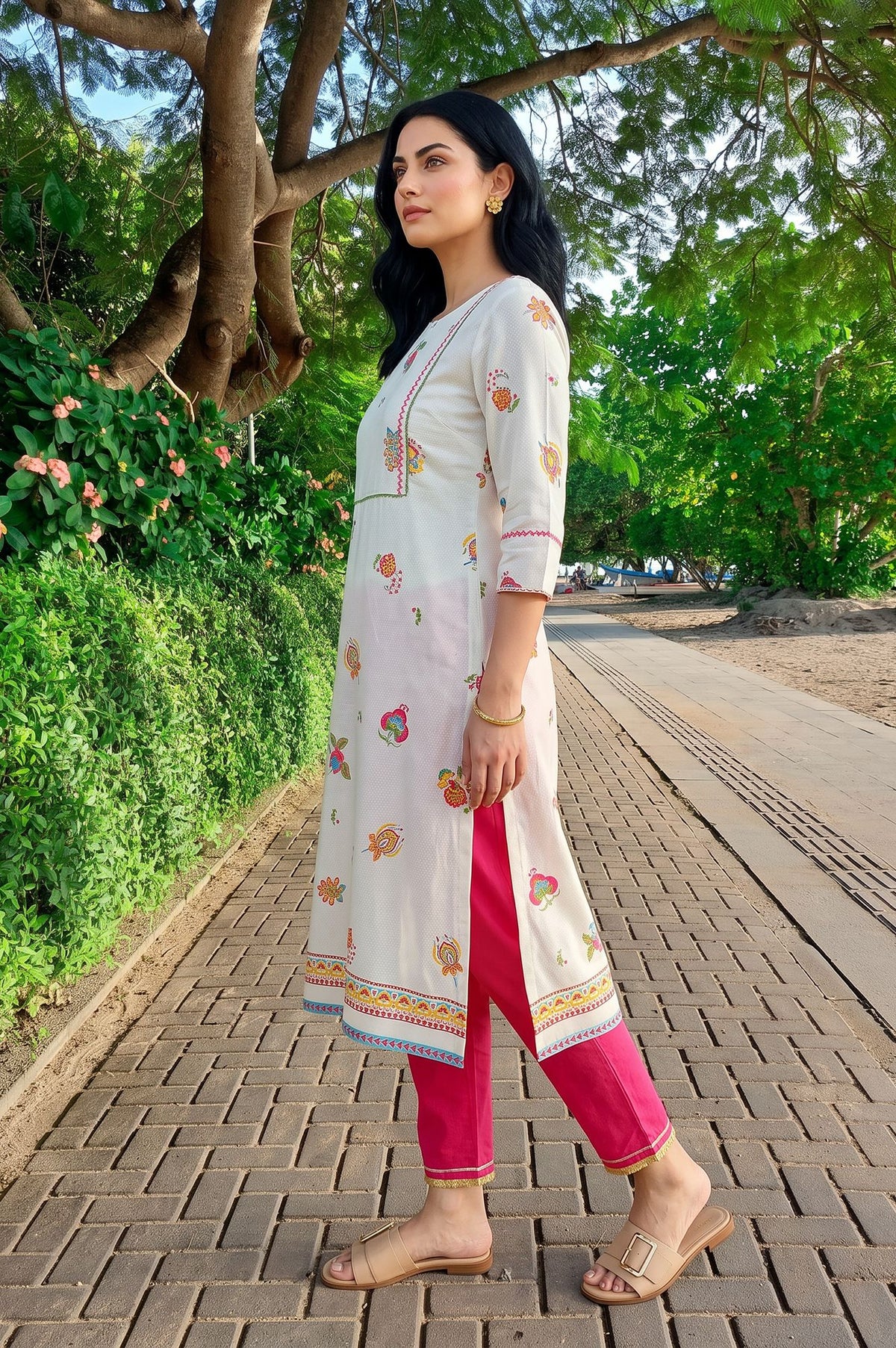 Off White Floral Printed Thread Embroidered Rayon Straight Kurta with Slim Pant Set