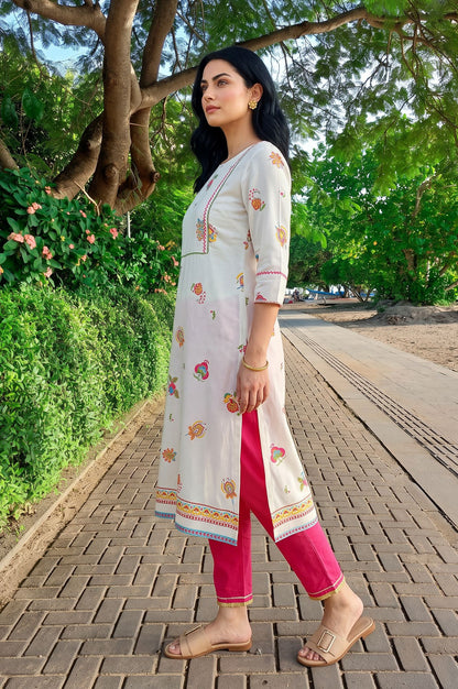 Off White Floral Printed Thread Embroidered Rayon Straight Kurta with Slim Pant Set