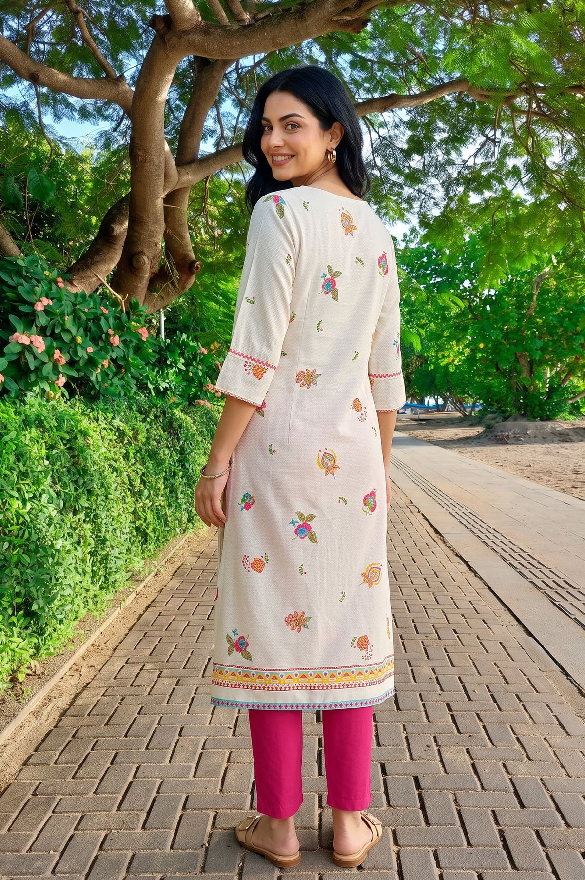 Off White Floral Printed Thread Embroidered Rayon Straight Kurta with Slim Pant Set