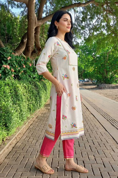 Off White Floral Printed Thread Embroidered Rayon Straight Kurta with Slim Pant Set