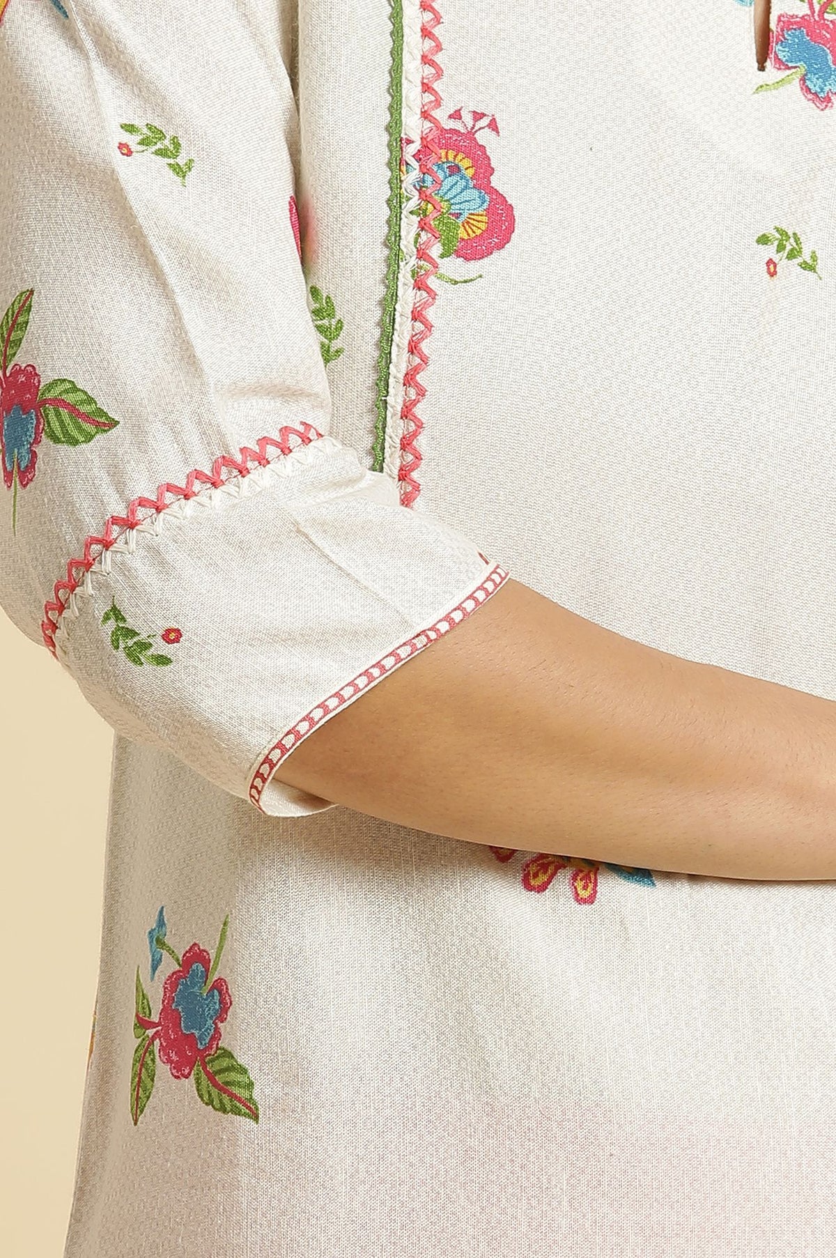 Off White Floral Printed Thread Embroidered Rayon Straight Kurta with Slim Pant Set