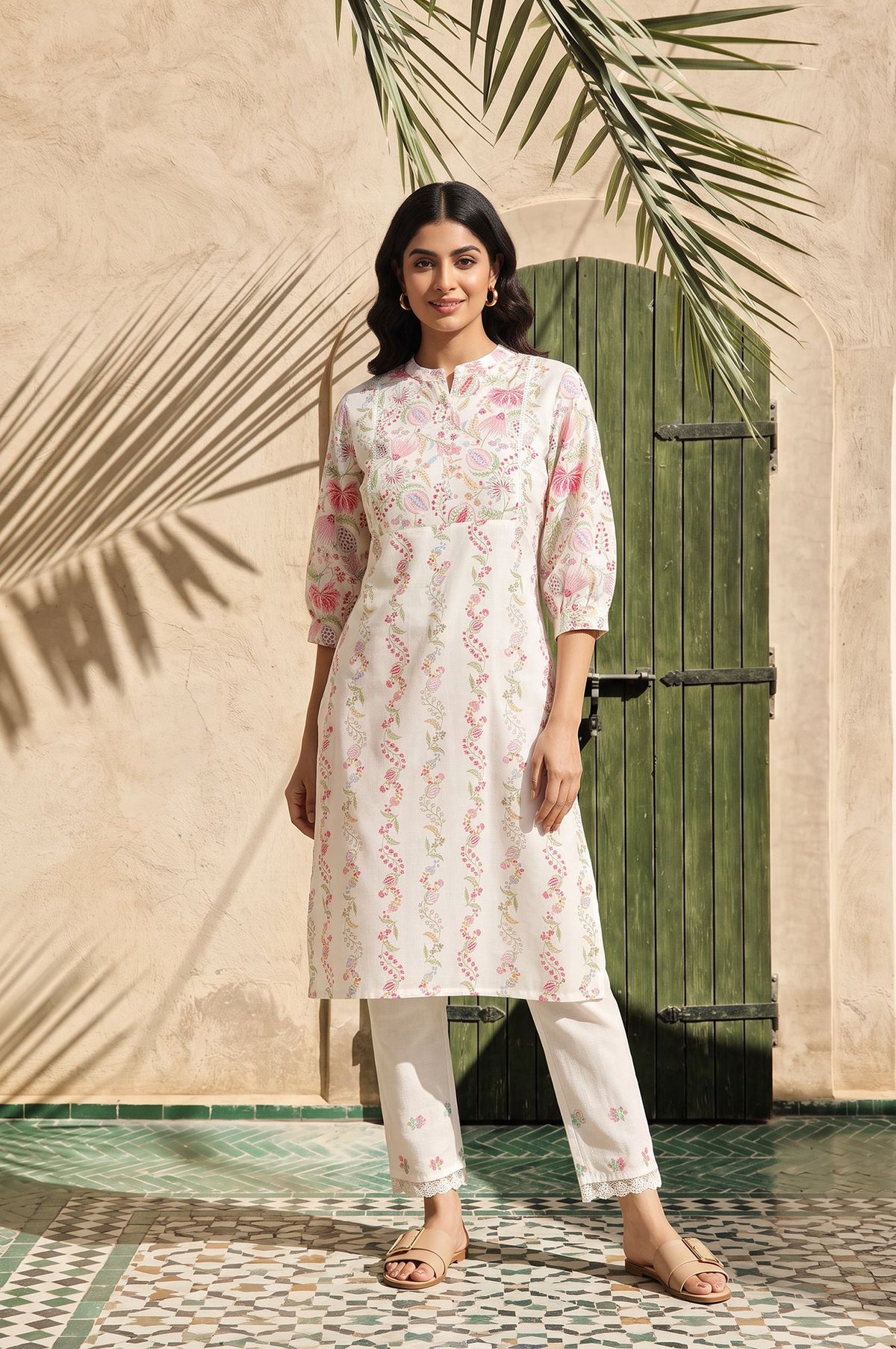 White Floral Printed Lace Pure Cotton Straight Kurta with Slim Pant Set