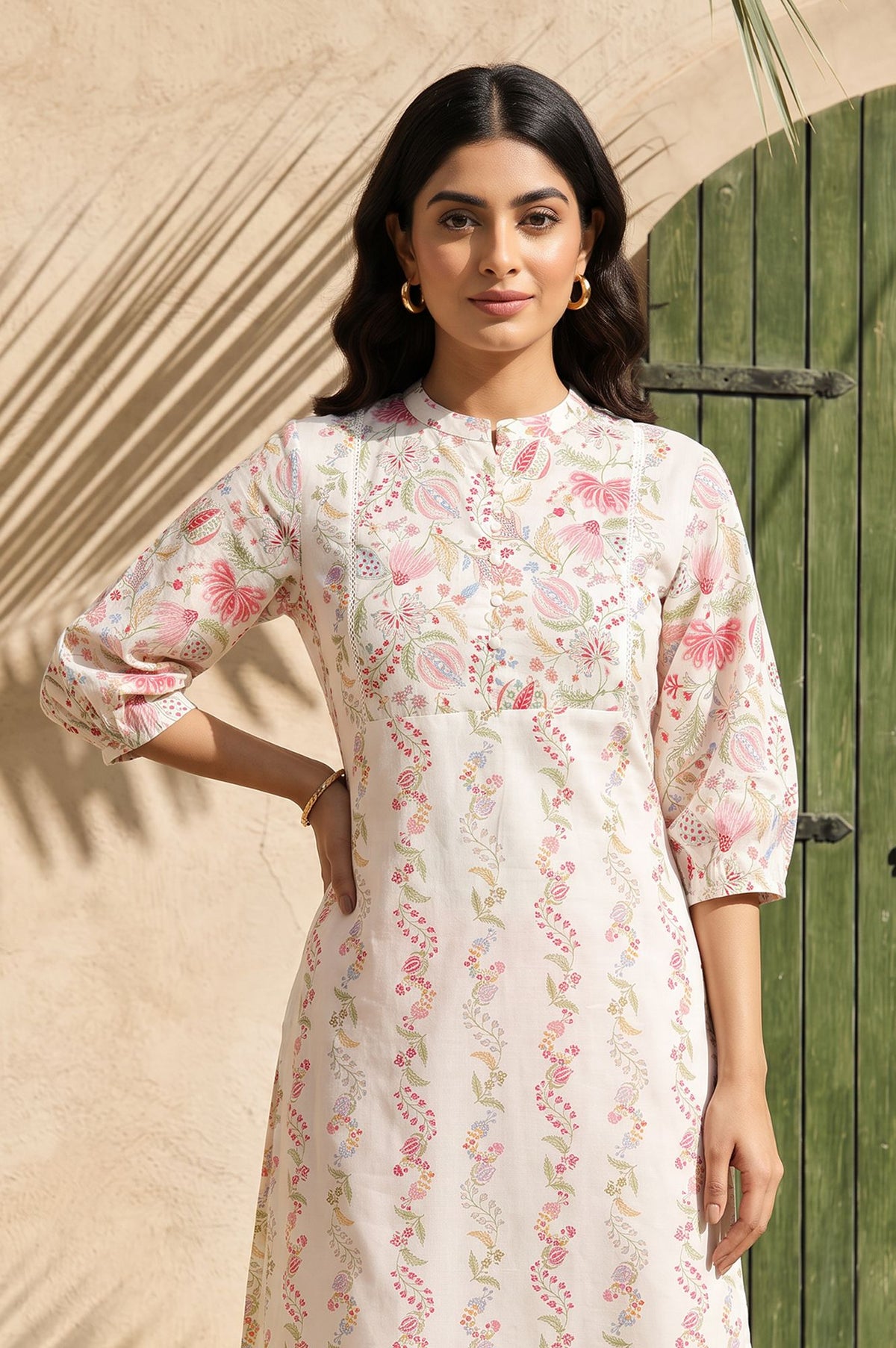 White Floral Printed Lace Pure Cotton Straight Kurta with Slim Pant Set